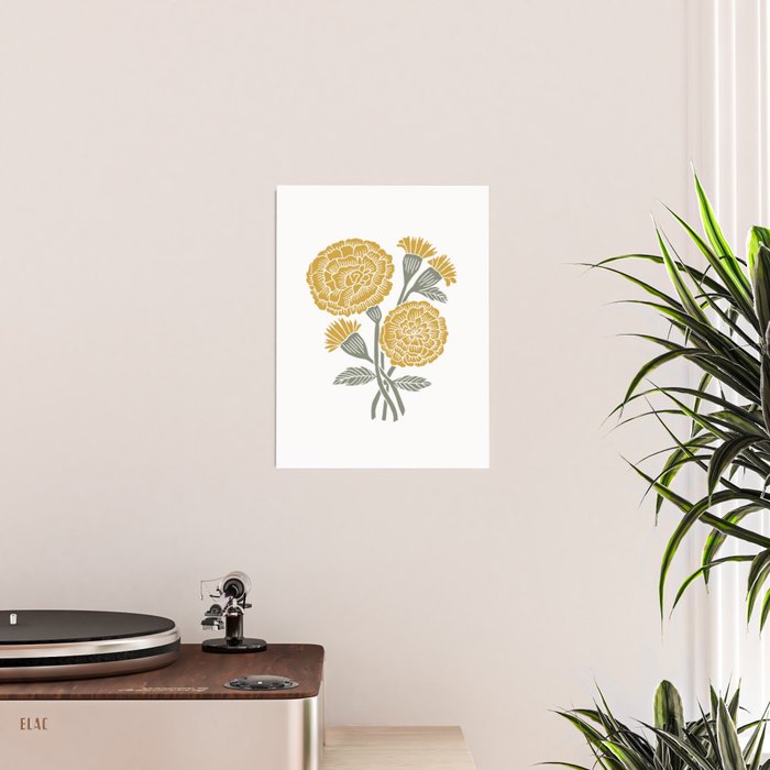 Marigold - gold marigold, yellow,  yellow flowers, yellow floral, linocut art, woodcut art, woodblock art, marigold flowers Poster Gallery Image 2