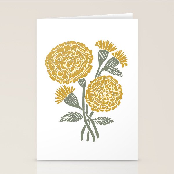 Marigold - gold marigold, yellow,  yellow flowers, yellow floral, linocut art, woodcut art, woodblock art, marigold flowers Stationery Card Gallery Image 2