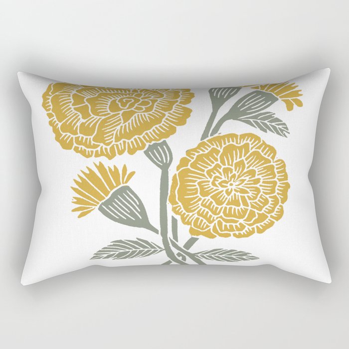Marigold - gold marigold, yellow,  yellow flowers, yellow floral, linocut art, woodcut art, woodblock art, marigold flowers Rectangular Pillow Gallery Image 1