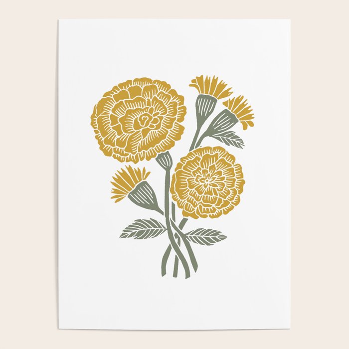 Marigold - gold marigold, yellow,  yellow flowers, yellow floral, linocut art, woodcut art, woodblock art, marigold flowers Poster Gallery Image 4