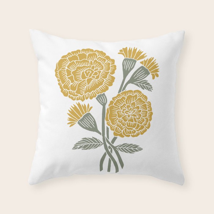 Marigold - gold marigold, yellow,  yellow flowers, yellow floral, linocut art, woodcut art, woodblock art, marigold flowers Throw Pillow Gallery Image 1