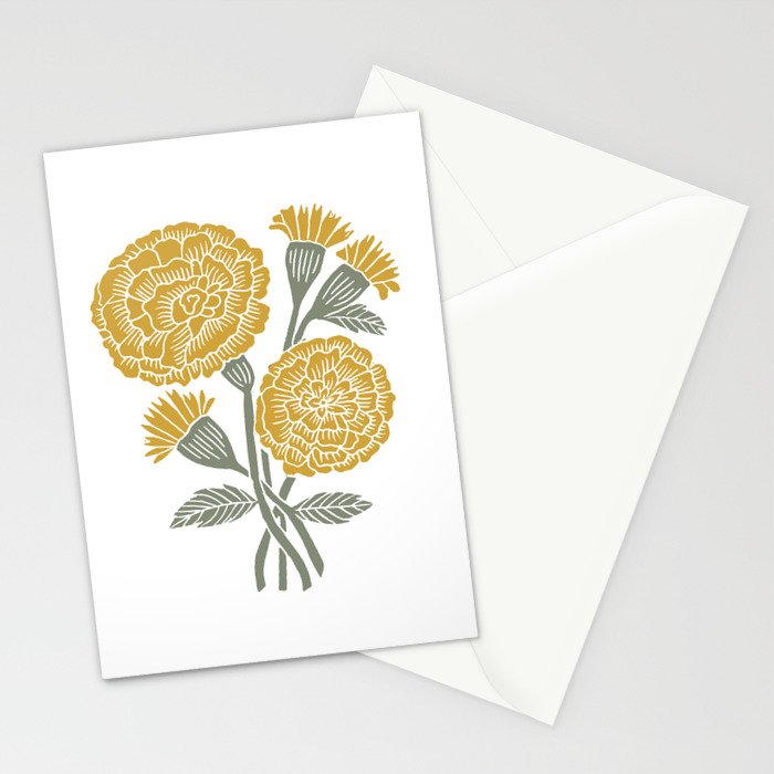 Marigold - gold marigold, yellow,  yellow flowers, yellow floral, linocut art, woodcut art, woodblock art, marigold flowers Stationery Card Gallery Image 2
