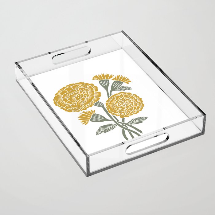 Marigold - gold marigold, yellow,  yellow flowers, yellow floral, linocut art, woodcut art, woodblock art, marigold flowers Acrylic Tray Gallery Image 1