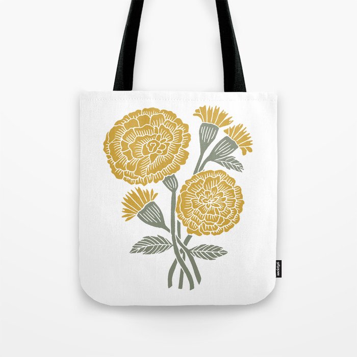 Marigold - gold marigold, yellow,  yellow flowers, yellow floral, linocut art, woodcut art, woodblock art, marigold flowers Tote Bag Gallery Image 1