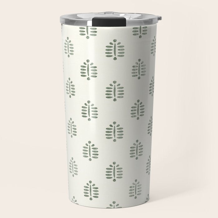 block print palm in sage on cream Travel Mug Gallery Image 1