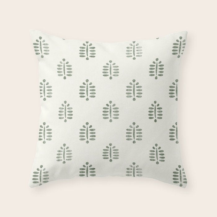 block print palm in sage on cream Throw Pillow Gallery Image 6
