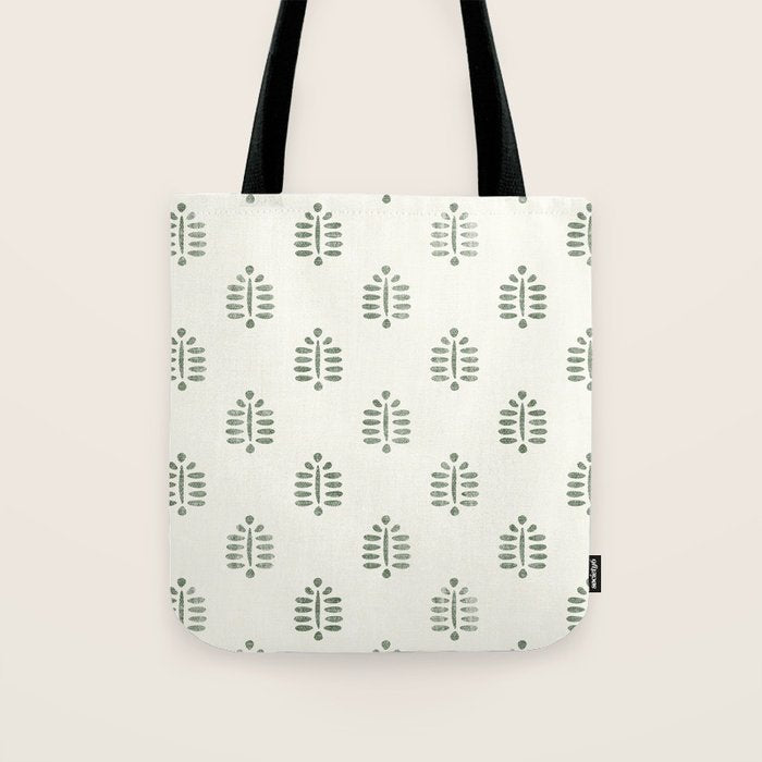 block print palm in sage on cream Tote Bag Gallery Image 1