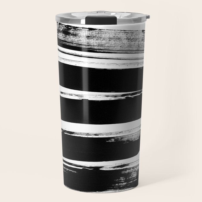 Stripes Black & White Minimalist Abstract Mid century Ink Art Dark Brush Strokes Travel Mug Gallery Image 1