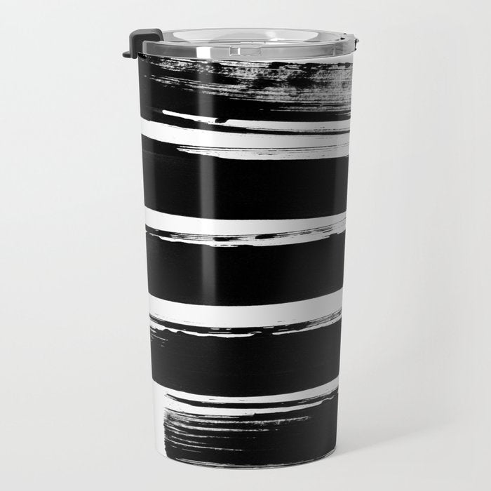 Stripes Black & White Minimalist Abstract Mid century Ink Art Dark Brush Strokes Travel Mug Gallery Image 3