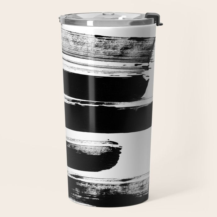 Stripes Black & White Minimalist Abstract Mid century Ink Art Dark Brush Strokes Travel Mug Gallery Image 2