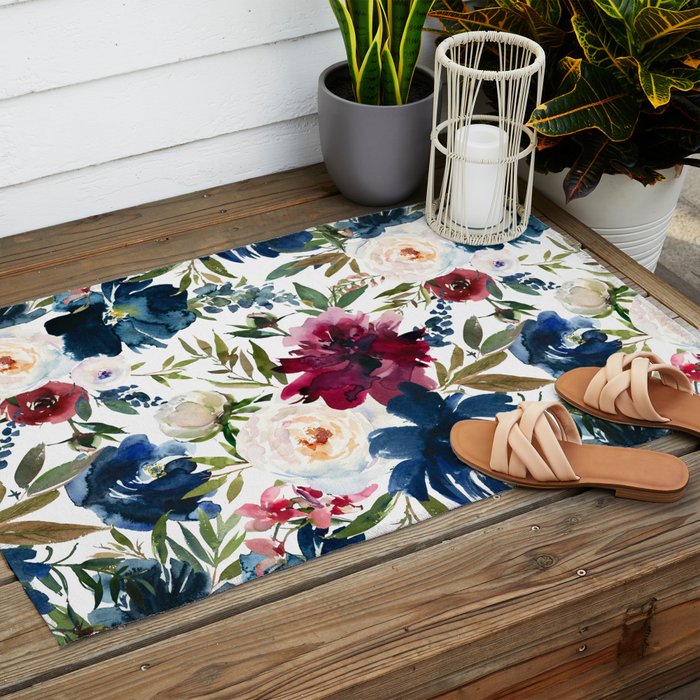 Burgundy Navy Floral Watercolor Pattern A  Outdoor Rug Gallery Image 2