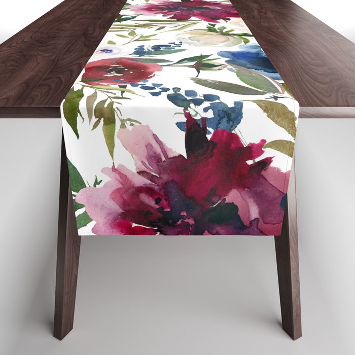 Burgundy Navy Floral Watercolor Pattern A  Table Runner Gallery Image 1
