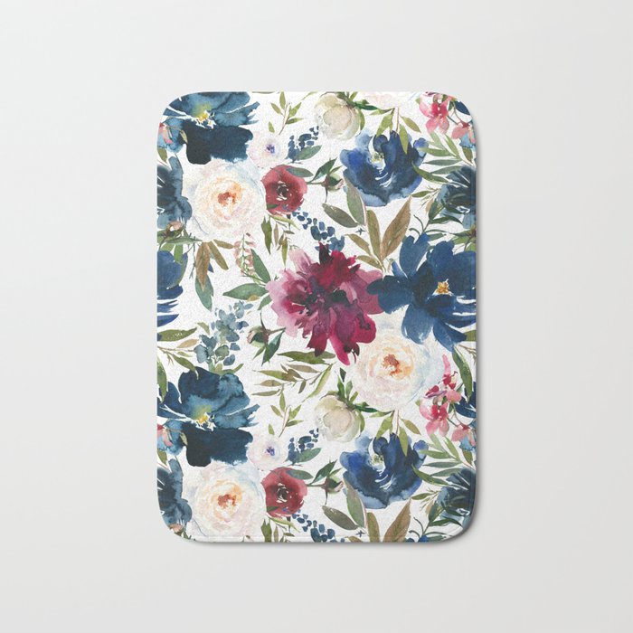 Burgundy Navy Floral Watercolor Pattern A  Bath Mat Gallery Image 1