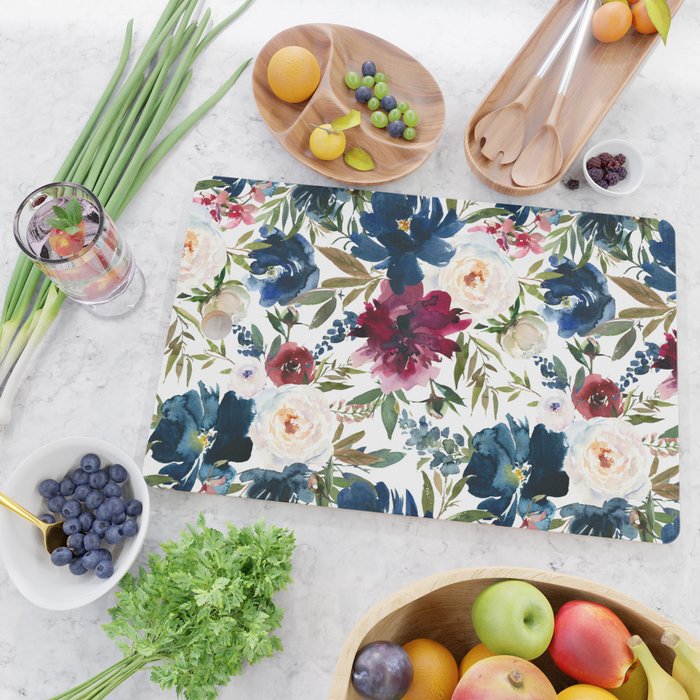 Burgundy Navy Floral Watercolor Pattern A  Cutting Board Gallery Image 2