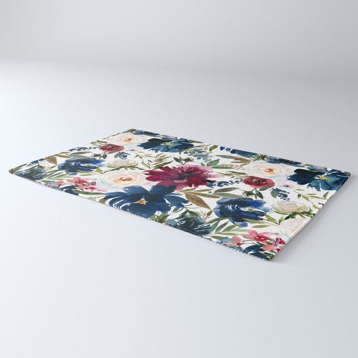 Burgundy Navy Floral Watercolor Pattern A  Rug Gallery Image 3