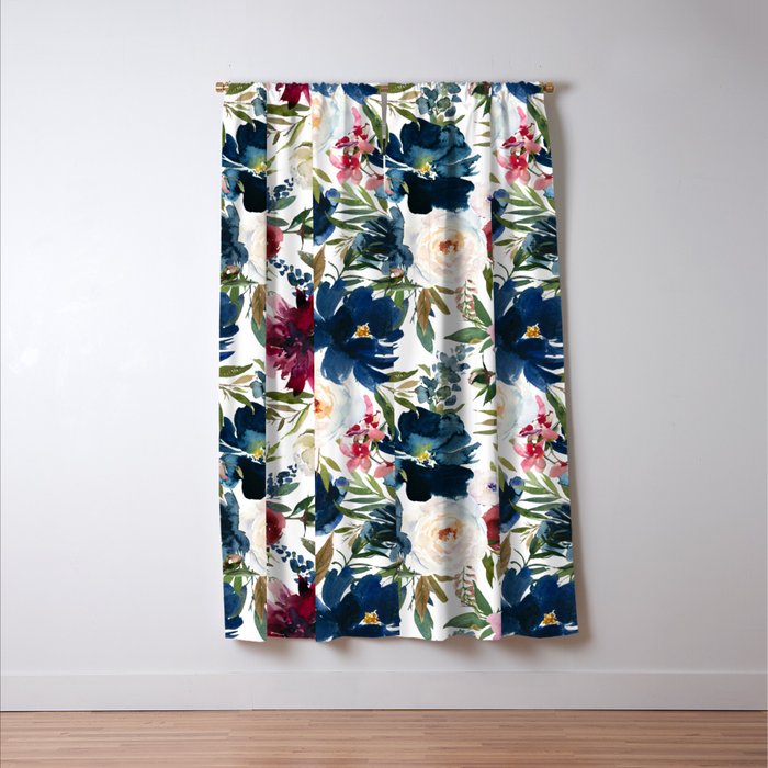 Burgundy Navy Floral Watercolor Pattern A  Window Curtain Gallery Image 3