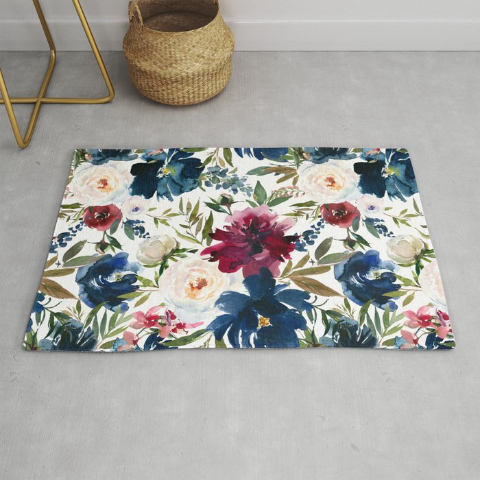 Burgundy Navy Floral Watercolor Pattern A  Rug Gallery Image 1