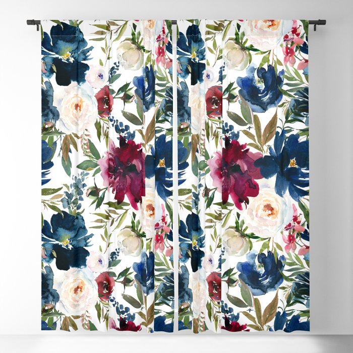 Burgundy Navy Floral Watercolor Pattern A  Window Curtain Gallery Image 5