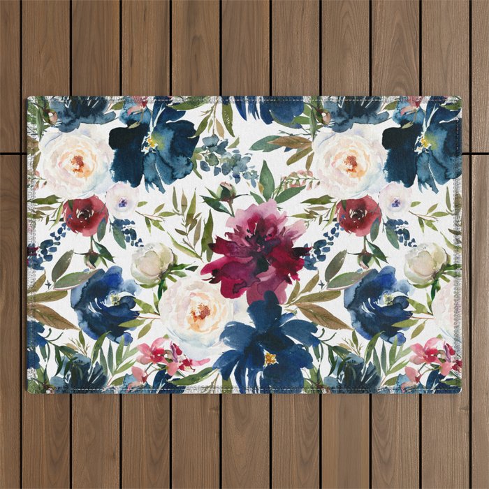 Burgundy Navy Floral Watercolor Pattern A  Outdoor Rug Gallery Image 1