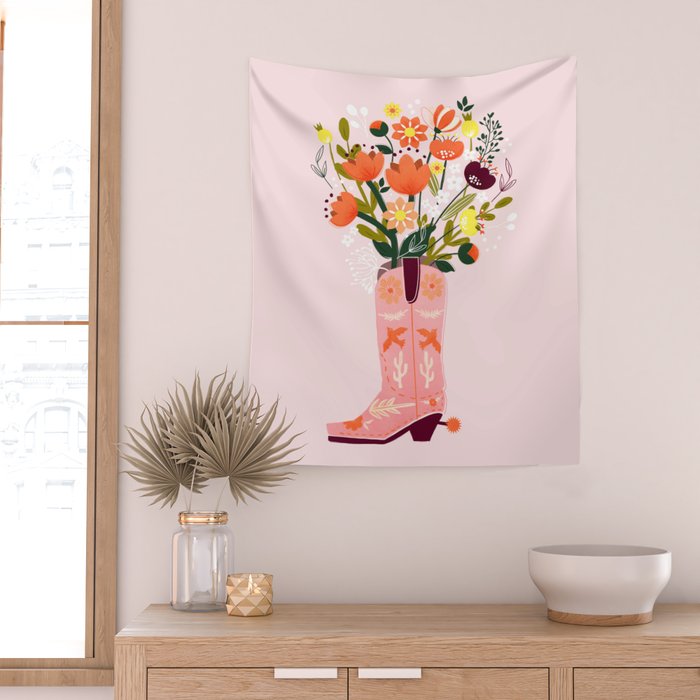 Pink Cowboy Boot and Wild Flower Bouquet Wall Tapestry Gallery Image 2