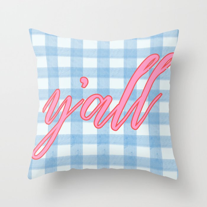 y'all blue gingham Throw Pillow Gallery Image 6