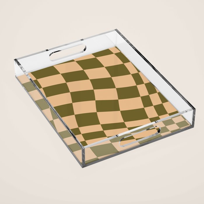 checked wave â peach and olive Acrylic Tray Gallery Image 1
