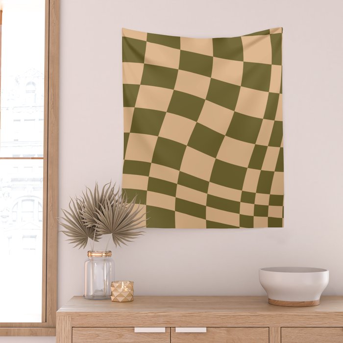 checked wave â peach and olive Wall Tapestry Gallery Image 2