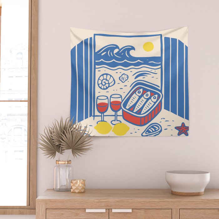 Sardines, Lemons and Wine at the Beach Wall Tapestry Gallery Image 2