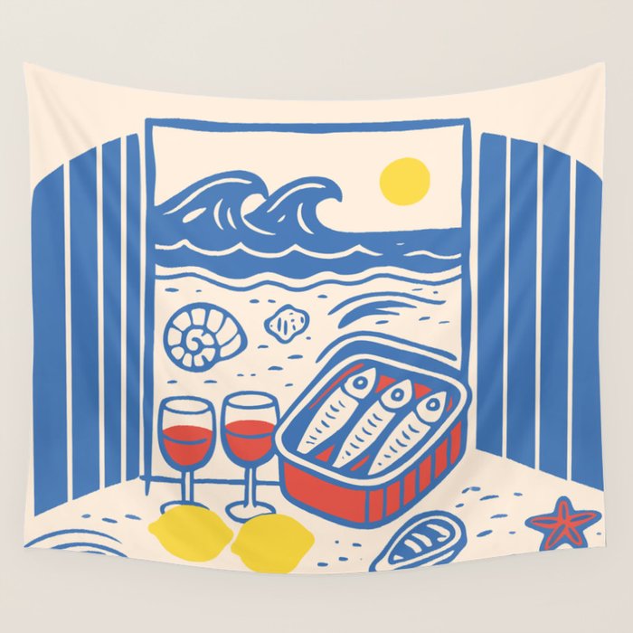 Sardines, Lemons and Wine at the Beach Wall Tapestry