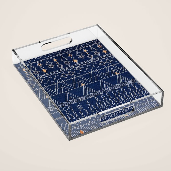 Blue Indigo Jeans Color, Bohemian Oriental Traditional Moroccan Fabric Style Acrylic Tray Gallery Image 1
