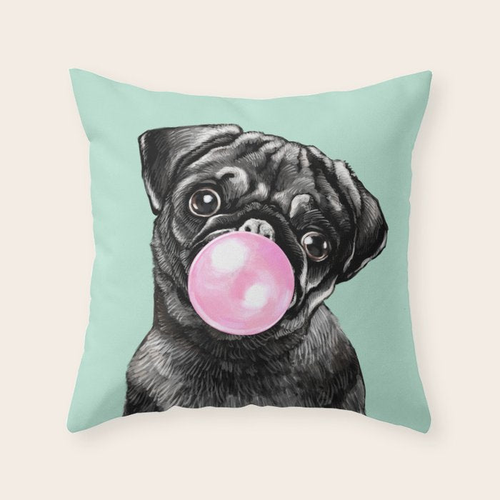 Bubble Gum Black Pug in Green Throw Pillow Gallery Image 1