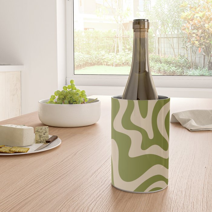 Retro Liquid Swirl Abstract Pattern in Mid Mod Olive Green and Beige Wine Chiller Gallery Image 4