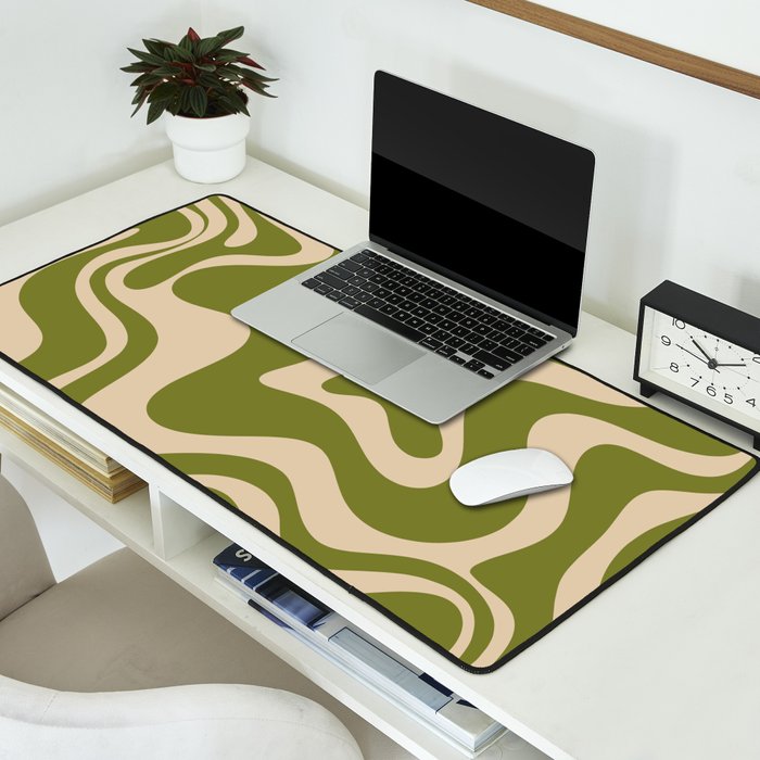 Retro Liquid Swirl Abstract Pattern in Mid Mod Olive Green and Beige Desk Mat Gallery Image 2
