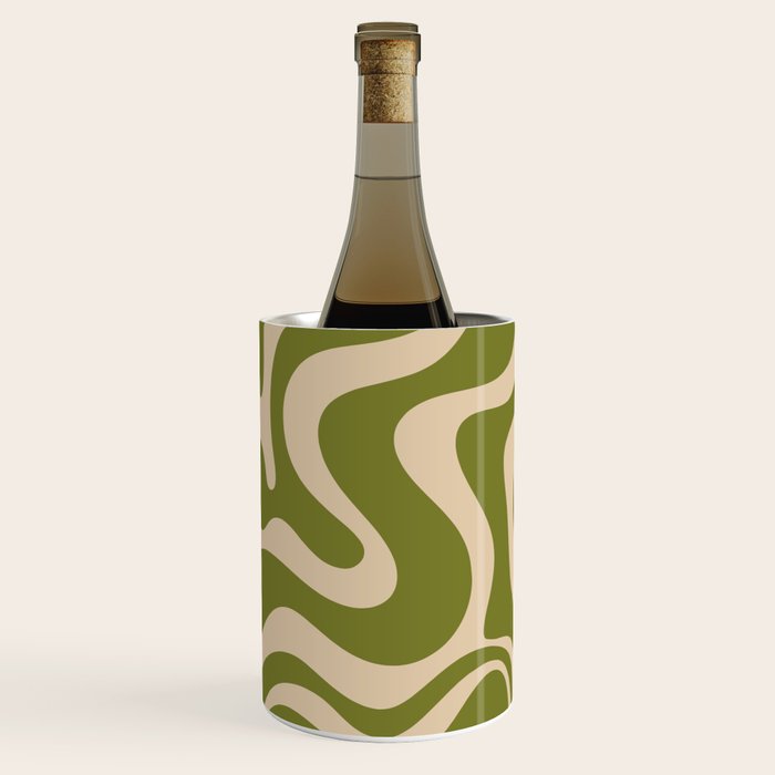 Retro Liquid Swirl Abstract Pattern in Mid Mod Olive Green and Beige Wine Chiller Gallery Image 3