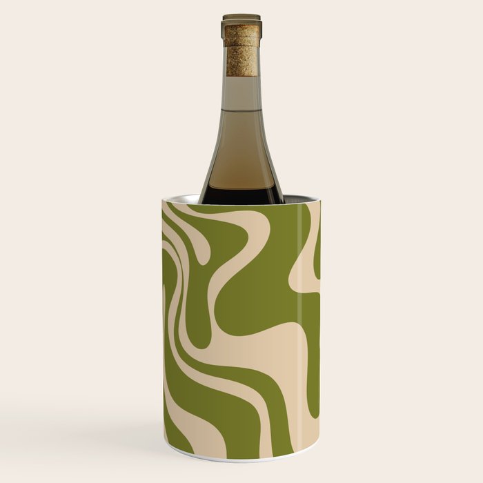 Retro Liquid Swirl Abstract Pattern in Mid Mod Olive Green and Beige Wine Chiller Gallery Image 2