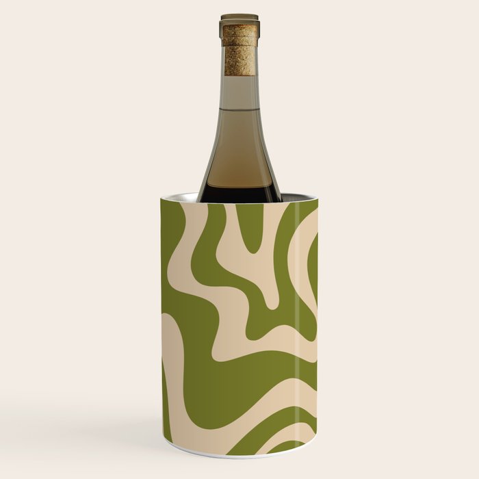 Retro Liquid Swirl Abstract Pattern in Mid Mod Olive Green and Beige Wine Chiller Gallery Image 1