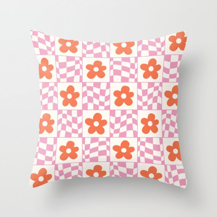 Orange Flower Pink & White Warped Double Checker Throw Pillow Gallery Image 1