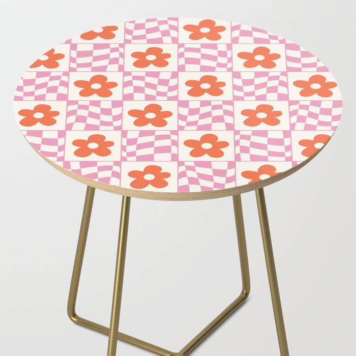 Orange Flower Pink & White Warped Double Checker Side Table Gallery Image 2