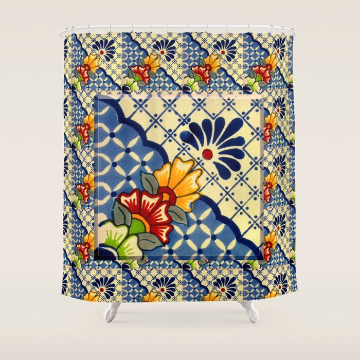 talavera mexican tile in blu Shower Curtain Gallery Image 1