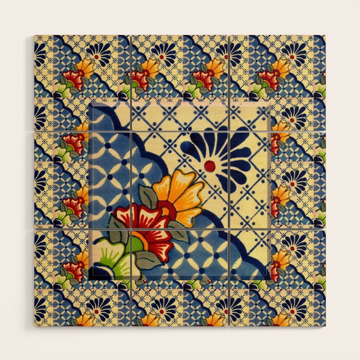 talavera mexican tile in blu Wood Wall Art Gallery Image 1