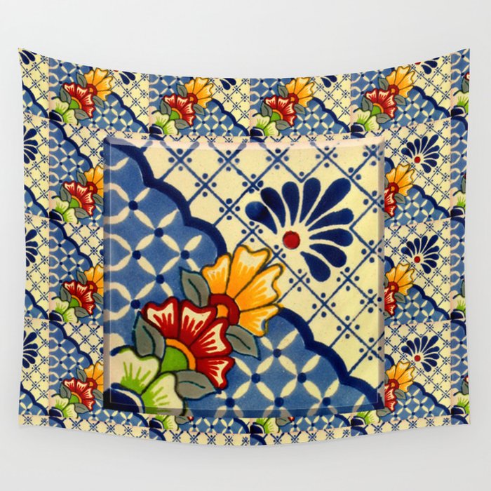 talavera mexican tile in blu Wall Tapestry Gallery Image 4