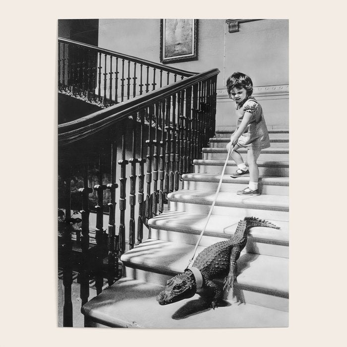 Girl Walking Baby Alligator, Black and White, Vintage Art Poster Gallery Image 4