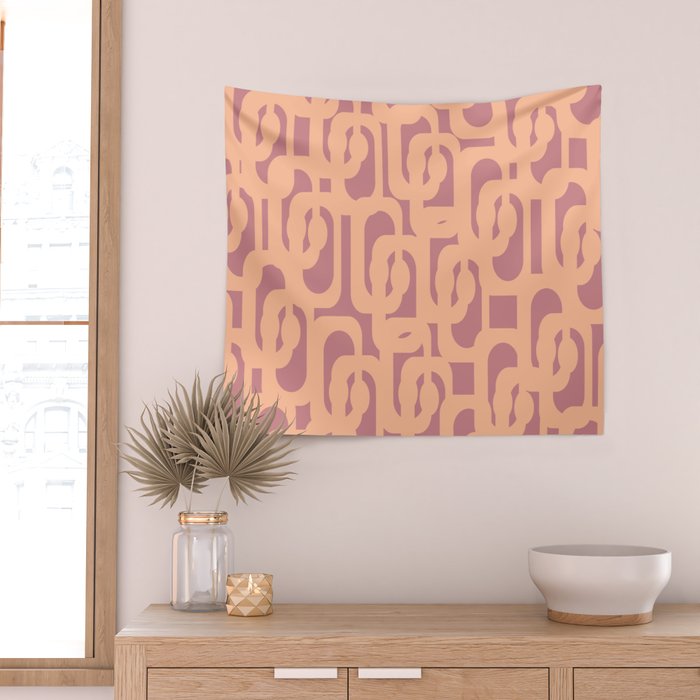 Mid Century Modern Loop Pattern Peach and Plum Mauve Wall Tapestry Gallery Image 2