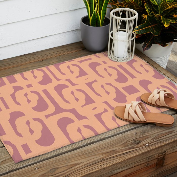 Mid Century Modern Loop Pattern Peach and Plum Mauve Outdoor Rug Gallery Image 2