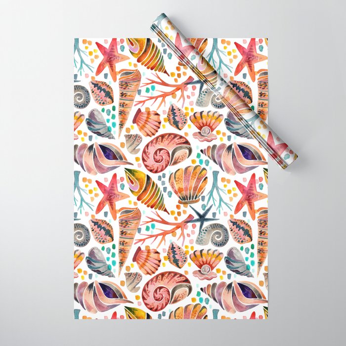 Painted Seashells - Coral & Blue Wrapping Paper Gallery Image 1