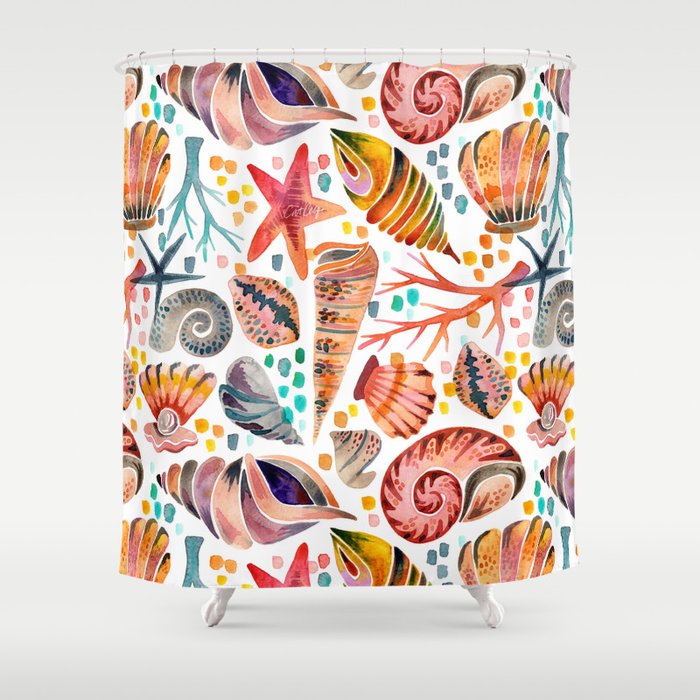 Painted Seashells - Coral & Blue Shower Curtain Gallery Image 1