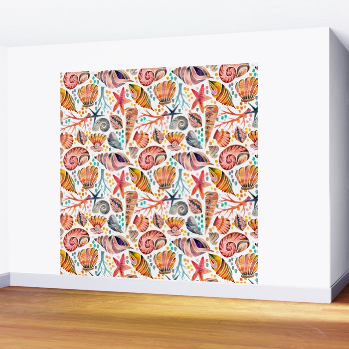 Painted Seashells - Coral & Blue Wall Mural Gallery Image 2