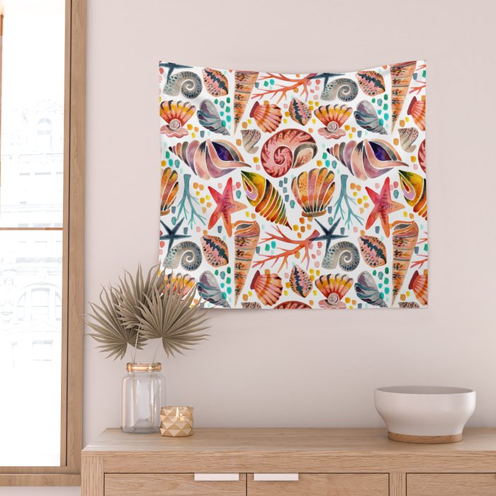 Painted Seashells - Coral & Blue Wall Tapestry Gallery Image 2