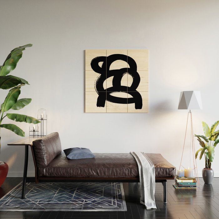 Black & White Minimalist Abstract Mid century Ink Art Dark Brush Strokes Wood Wall Art Gallery Image 2