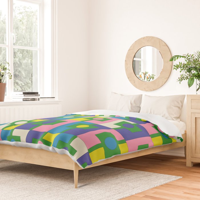 Mid Century Modern Colorful Rektangel Maximalist Pattern Green Pink Yellow Blue Duvet Cover Gallery Image 2